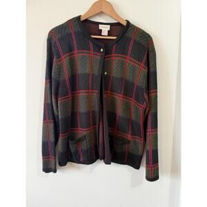 Vtg Boxy Green Blue Red Plaid Sweater Size XL Cardigan Gold Button Old Money